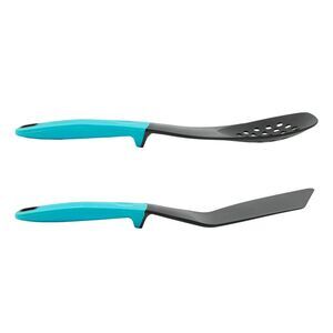 Kitchen Turner and Slotted Spoon with Integrated Counter Rest in Black/Teal